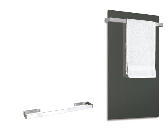 Unsere Heizpaneele Glas -Slim können bei vertikaler Montage mit einem ein- oder zweiteiligen Handtuchhalter ausgestattet werden. Der Halter aus Edelstahl ist rostfrei und wird mit den Halterungen des Paneels verschraubt.