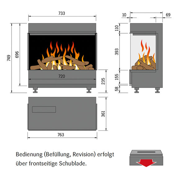 Bedienung (Befüllung, Revision) erfolgt über frontseitige Schublade.