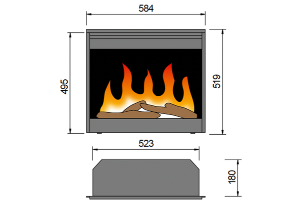 Rahmenloser Einbausatz mit 2D-Feuer und Dekorholz mit LED-Beleuchtung. Inklusive Fernbedienung. Heizleistung: 1,4kW.