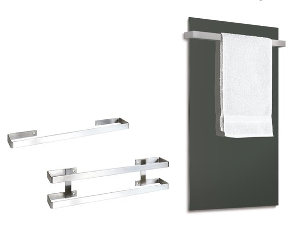 Unsere Heizpaneele Glas -Slim können bei vertikaler Montage mit einem ein- oder zweiteiligen Handtuchhalter ausgestattet werden. Der Halter aus Edelstahl ist rostfrei und wird mit den Halterungen des Paneels verschraubt.